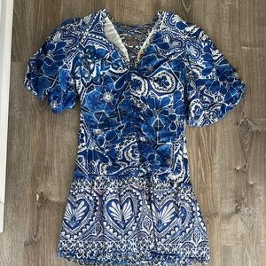 FARM Rio Blue and White Peplum Blouse with Ruffled Tie Front